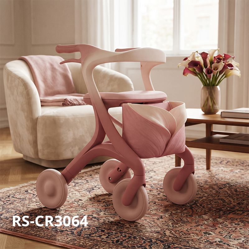 CR3064  New Design Carbon Fiber Rollator Walker Pink Blossom Style Foldable Lightweight OEM Medical Mobility Aid