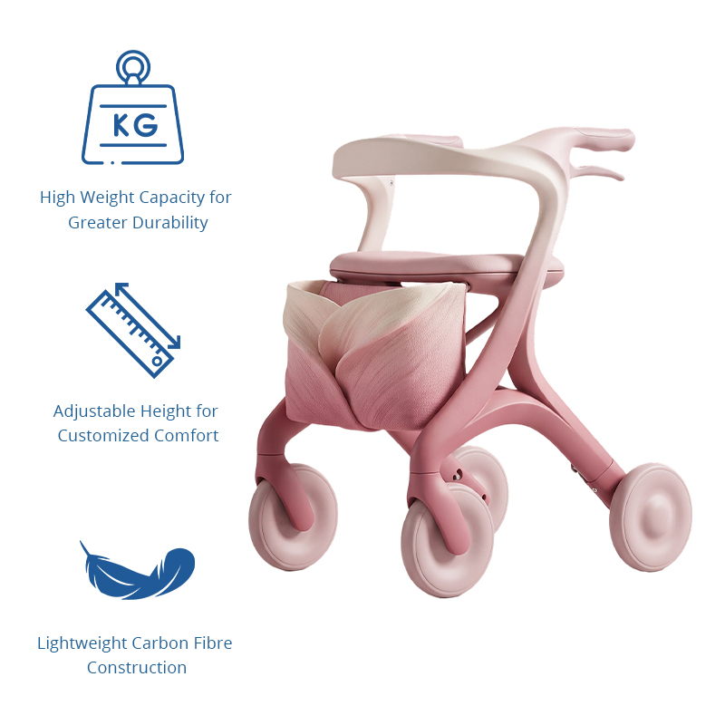 CR3064  New Design Carbon Fiber Rollator Walker Pink Blossom Style Foldable Lightweight OEM Medical Mobility Aid