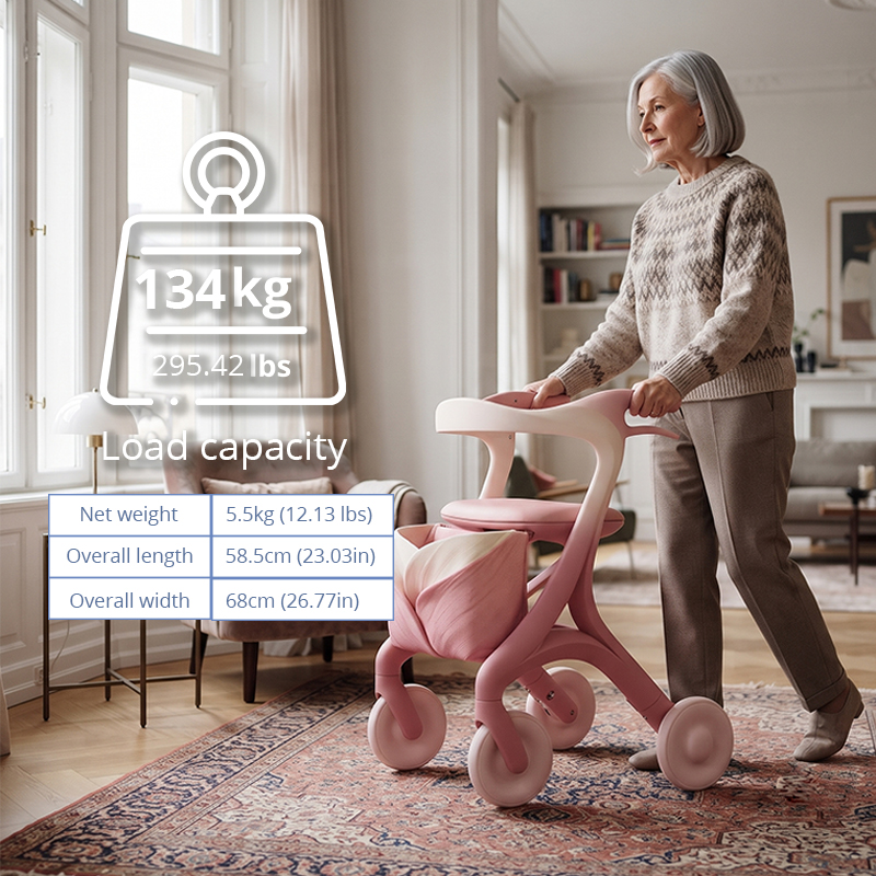 CR3064  New Design Carbon Fiber Rollator Walker Pink Blossom Style Foldable Lightweight OEM Medical Mobility Aid