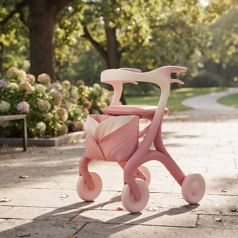 CR3064  New Design Carbon Fiber Rollator Walker Pink Blossom Style Foldable Lightweight OEM Medical Mobility Aid