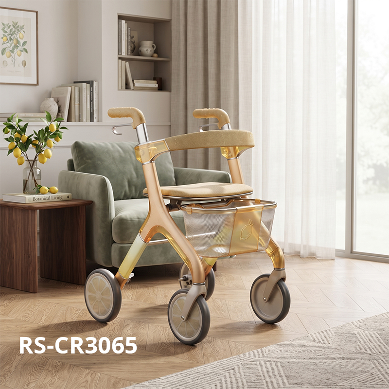 CR3065  New Design Carbon Fiber Rollator Walker Champagne Gold Gradient Citrus Wheel Luxury Mesh Storage Bag OEM
