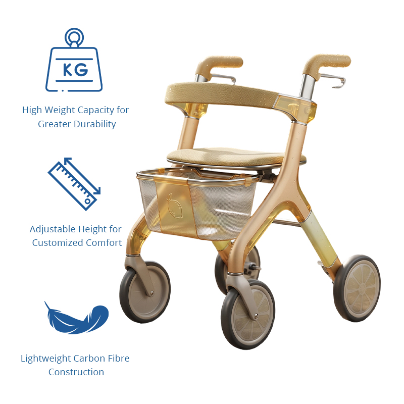 CR3065  New Design Carbon Fiber Rollator Walker Champagne Gold Gradient Citrus Wheel Luxury Mesh Storage Bag OEM