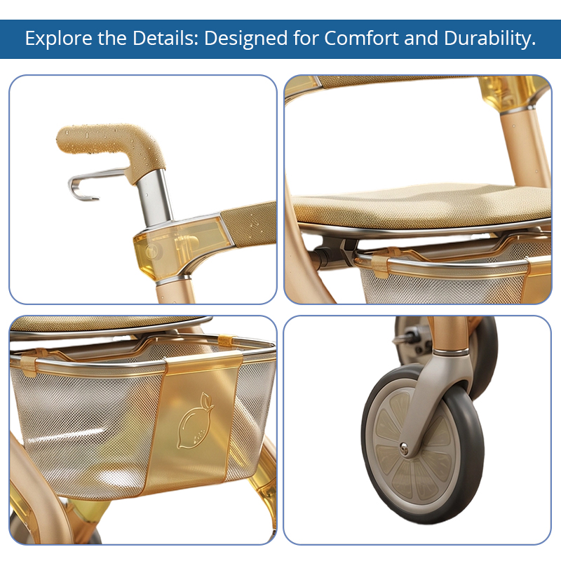 CR3065  New Design Carbon Fiber Rollator Walker Champagne Gold Gradient Citrus Wheel Luxury Mesh Storage Bag OEM