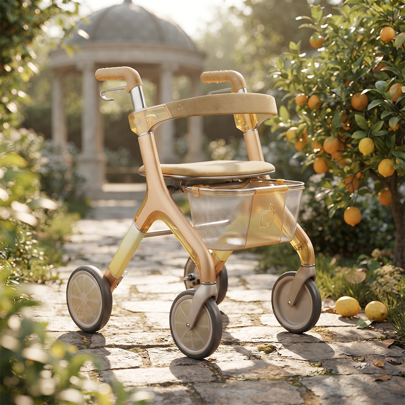 CR3065  New Design Carbon Fiber Rollator Walker Champagne Gold Gradient Citrus Wheel Luxury Mesh Storage Bag OEM