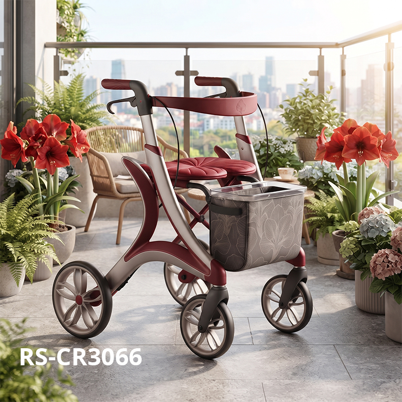 CR3066  New Design Carbon Fiber Rollator Walker OEM ODM with Integrated Curved Frame, Burgundy Gold Finish for Elderly