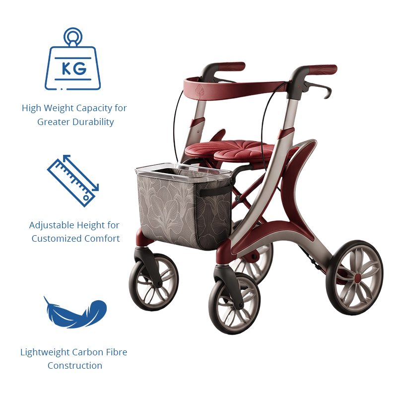 CR3066  New Design Carbon Fiber Rollator Walker OEM ODM with Integrated Curved Frame, Burgundy Gold Finish for Elderly