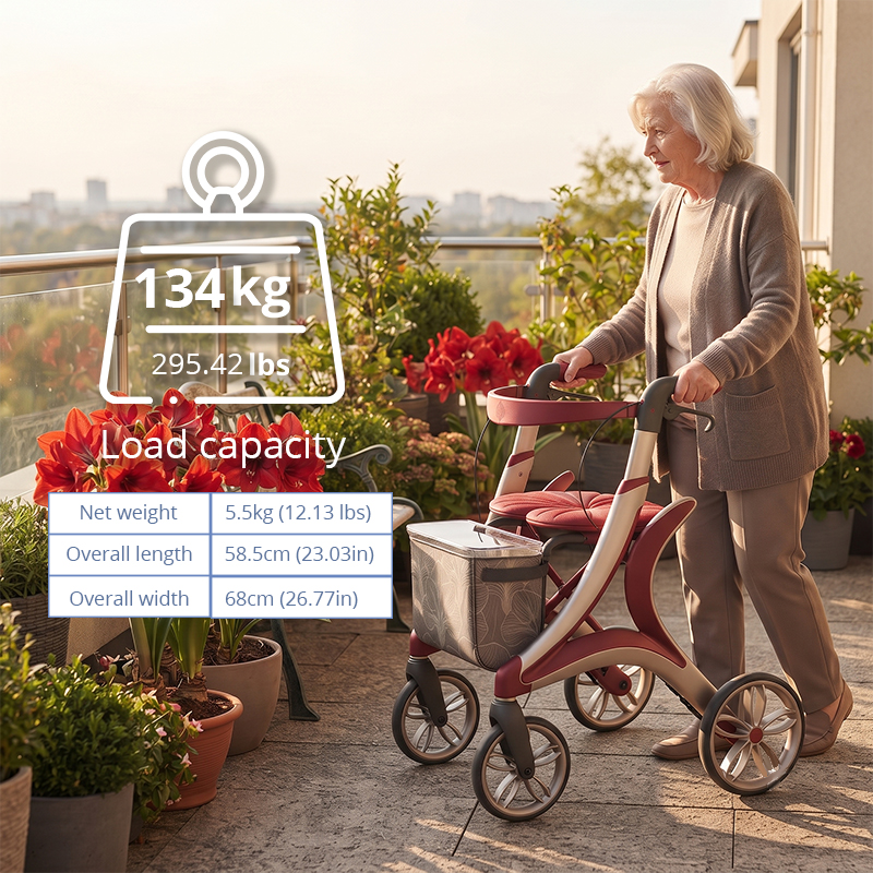 CR3066  New Design Carbon Fiber Rollator Walker OEM ODM with Integrated Curved Frame, Burgundy Gold Finish for Elderly