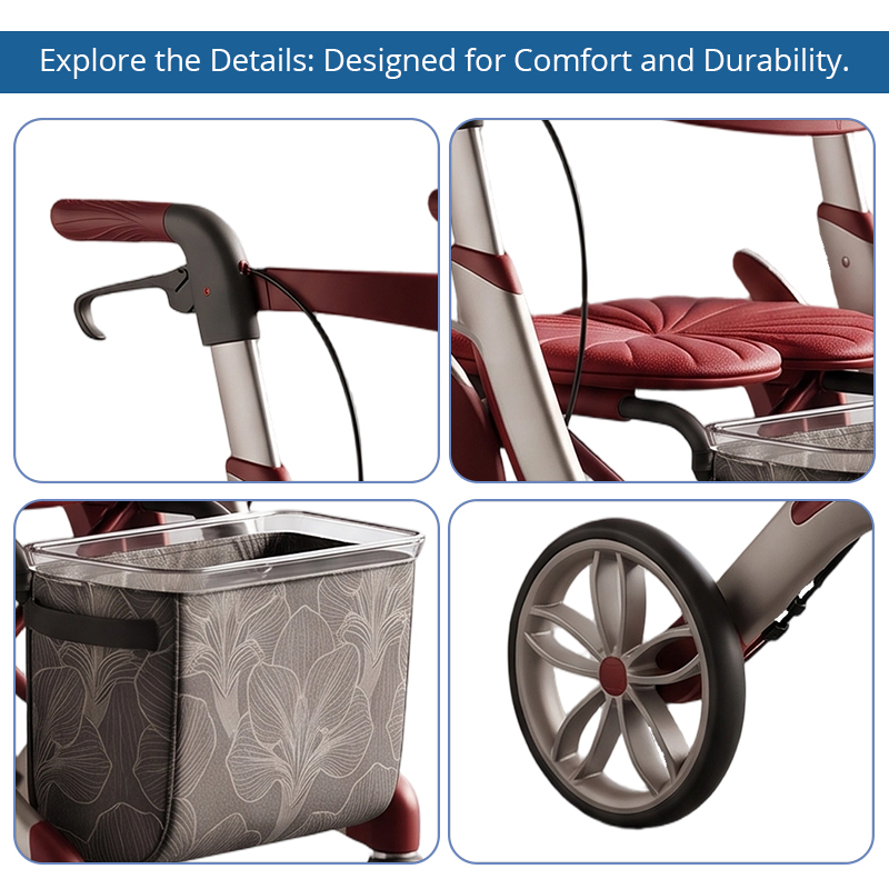 CR3066  New Design Carbon Fiber Rollator Walker OEM ODM with Integrated Curved Frame, Burgundy Gold Finish for Elderly