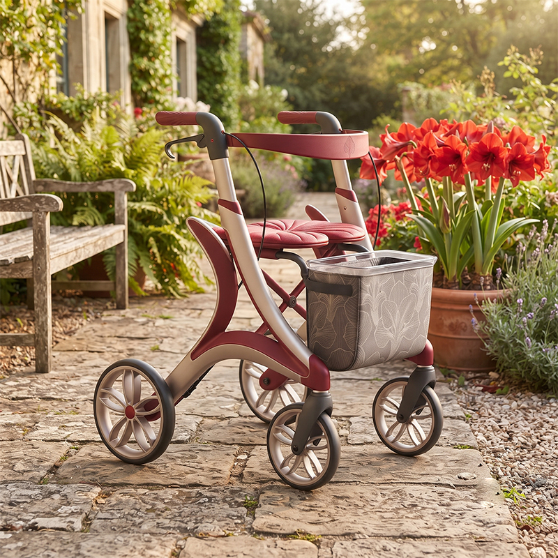 CR3066  New Design Carbon Fiber Rollator Walker OEM ODM with Integrated Curved Frame, Burgundy Gold Finish for Elderly