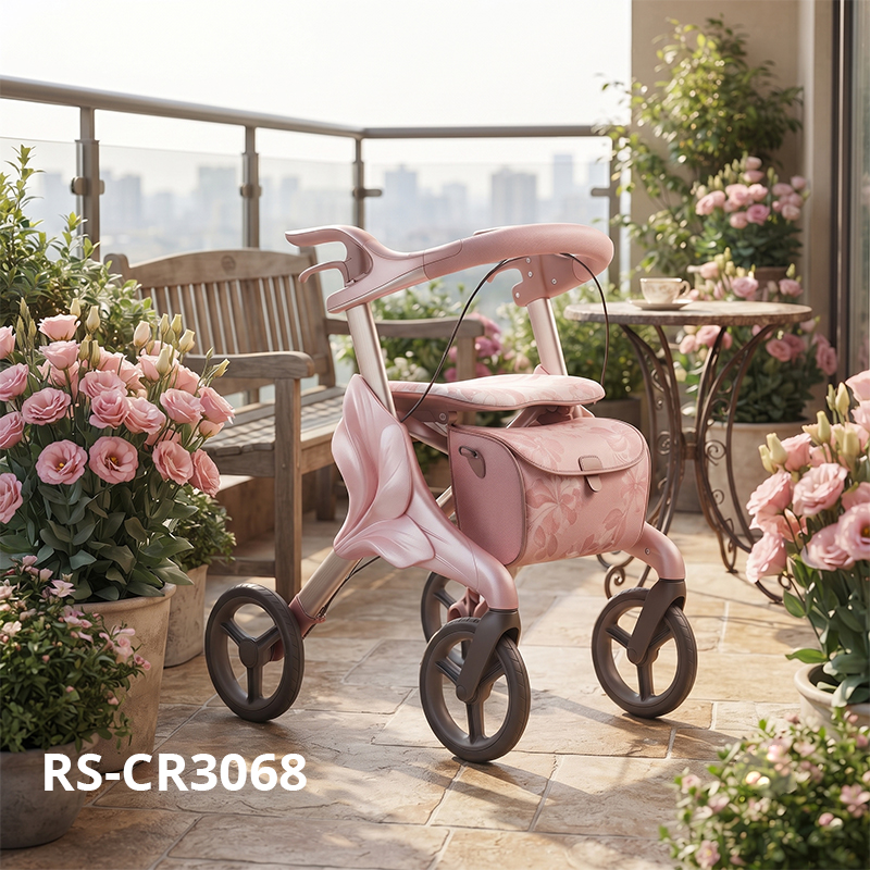 CR3068 New Design Carbon Fiber Rollator Walker OEM ODM with Blush Pink Champagne Finish and Embossed Floral Bag