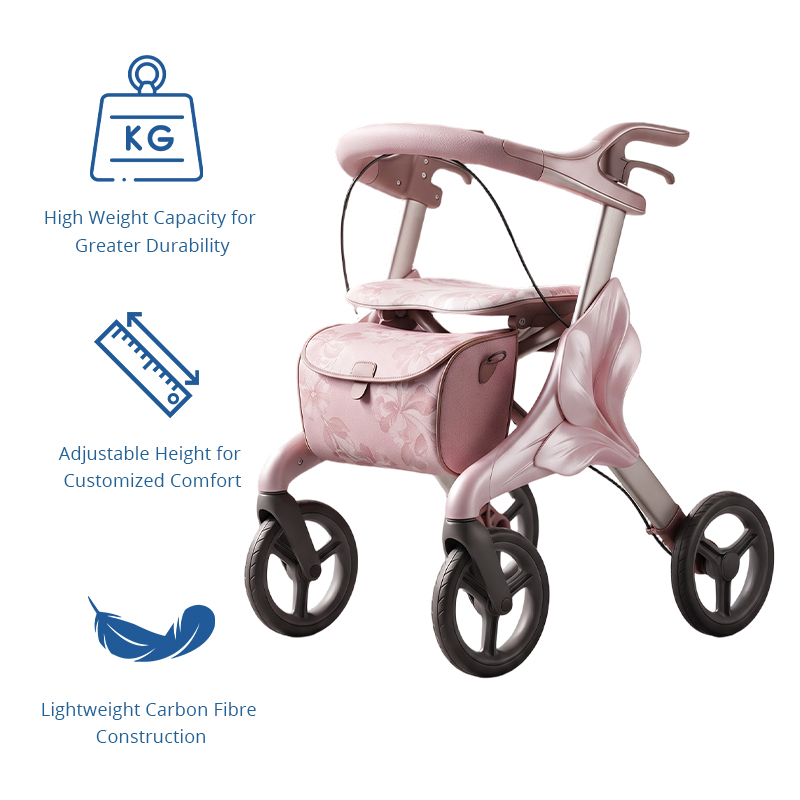 CR3068 New Design Carbon Fiber Rollator Walker OEM ODM with Blush Pink Champagne Finish and Embossed Floral Bag
