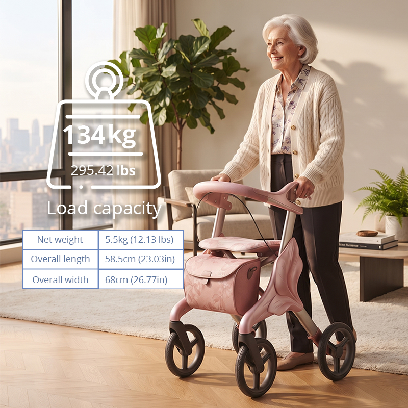 CR3068 New Design Carbon Fiber Rollator Walker OEM ODM with Blush Pink Champagne Finish and Embossed Floral Bag
