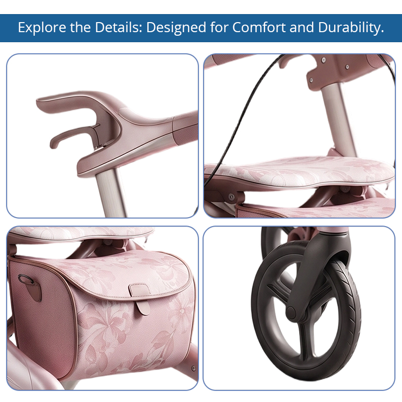 CR3068 New Design Carbon Fiber Rollator Walker OEM ODM with Blush Pink Champagne Finish and Embossed Floral Bag