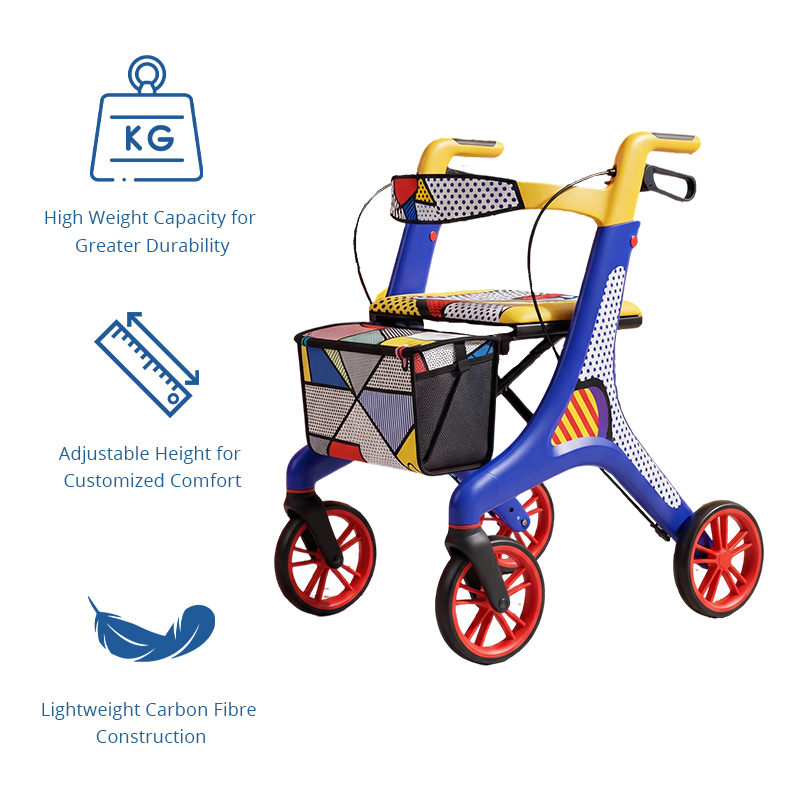 CR3070  New Design Carbon Fibre Rollator Walker with Artistic Geometric Decal Design Lightweight Folding Senior Mobility Aid