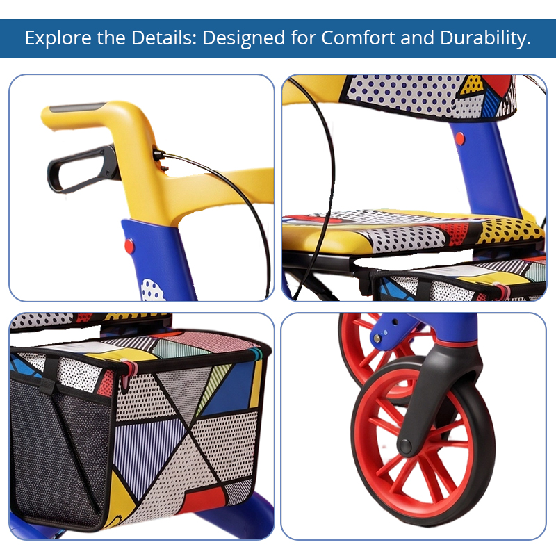 CR3070  New Design Carbon Fibre Rollator Walker with Artistic Geometric Decal Design Lightweight Folding Senior Mobility Aid