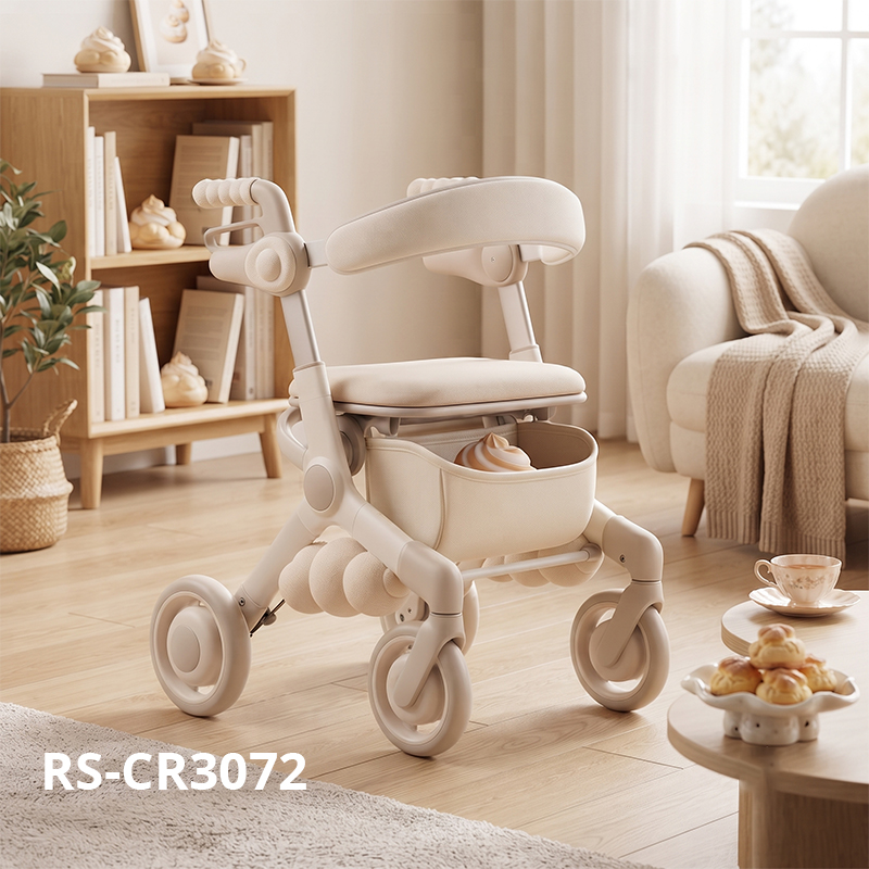 CR3072  New Design Carbon Fibre Rollator Walker with Cream White Frame, Minimalist Style, Seat Backrest Storage Basket for Seniors