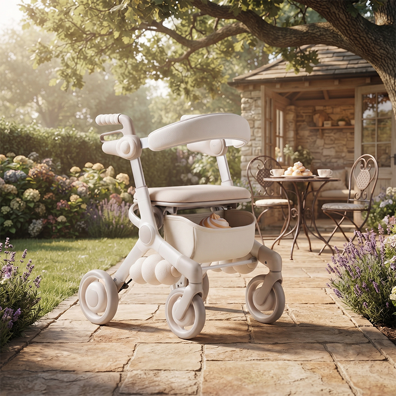 CR3072  New Design Carbon Fibre Rollator Walker with Cream White Frame, Minimalist Style, Seat Backrest Storage Basket for Seniors