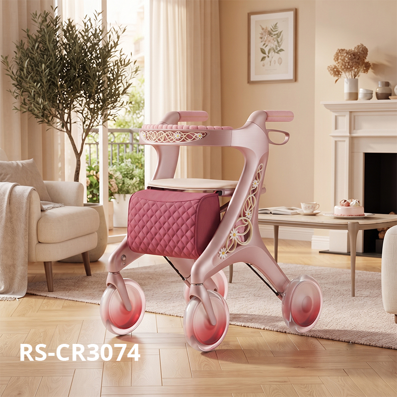 CR3074  New Design Future Carbon Fibre Rollator Walker Pink Luxury Floral Frame Lightweight Folding Mobility Aid With Storage Bag