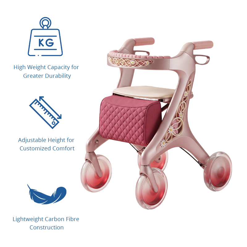 CR3074  New Design Future Carbon Fibre Rollator Walker Pink Luxury Floral Frame Lightweight Folding Mobility Aid With Storage Bag