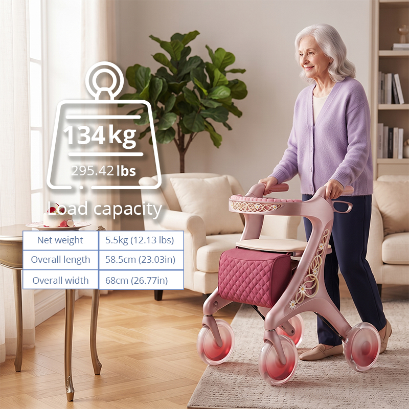 CR3074  New Design Future Carbon Fibre Rollator Walker Pink Luxury Floral Frame Lightweight Folding Mobility Aid With Storage Bag