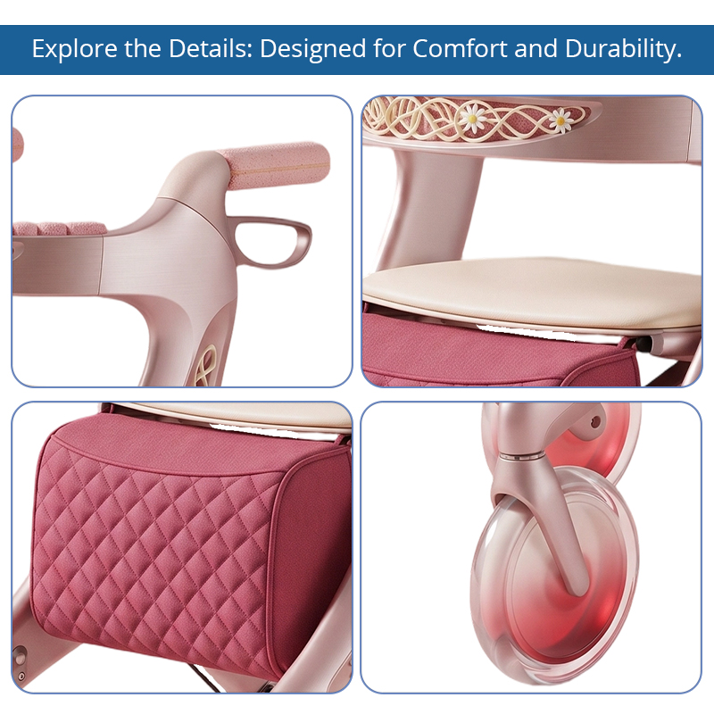 CR3074  New Design Future Carbon Fibre Rollator Walker Pink Luxury Floral Frame Lightweight Folding Mobility Aid With Storage Bag