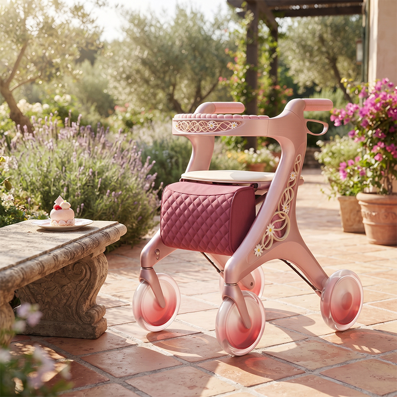 CR3074  New Design Future Carbon Fibre Rollator Walker Pink Luxury Floral Frame Lightweight Folding Mobility Aid With Storage Bag