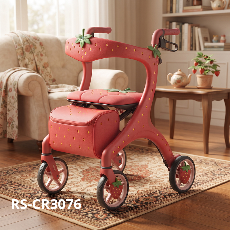 CR3076   New Concept Strawberry Pink Carbon Fibre Rollator Walker for Elderly with Futuristic Design Custom Mobility Aid OEM Manufacturer