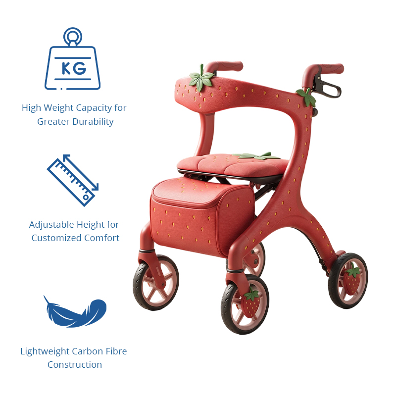 CR3076   New Concept Strawberry Pink Carbon Fibre Rollator Walker for Elderly with Futuristic Design Custom Mobility Aid OEM Manufacturer