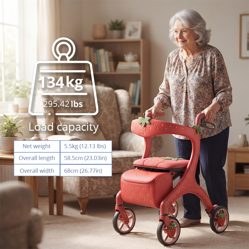CR3076   New Concept Strawberry Pink Carbon Fibre Rollator Walker for Elderly with Futuristic Design Custom Mobility Aid OEM Manufacturer