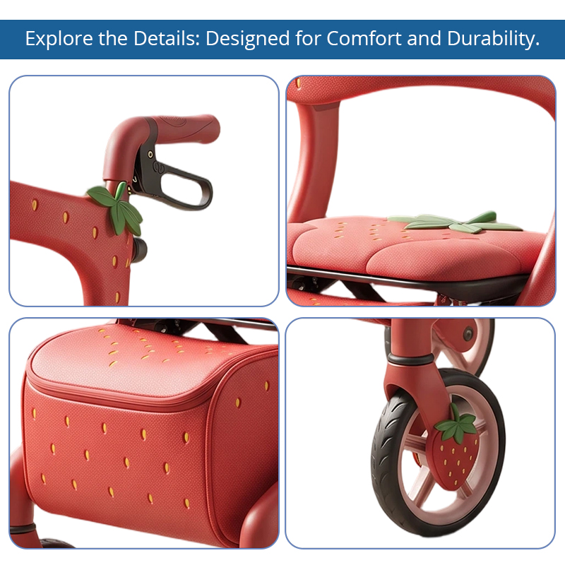 CR3076   New Concept Strawberry Pink Carbon Fibre Rollator Walker for Elderly with Futuristic Design Custom Mobility Aid OEM Manufacturer