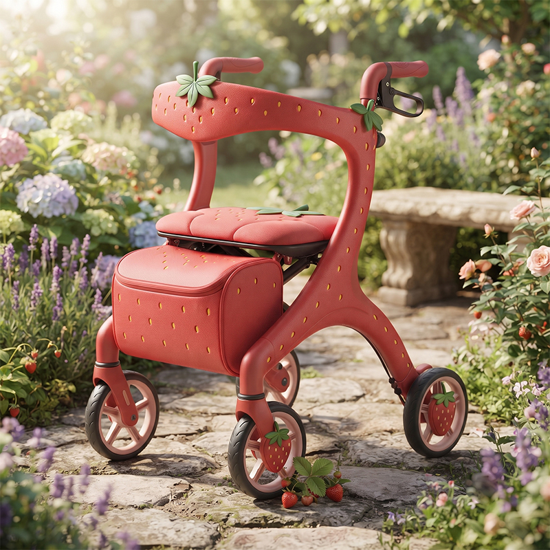 CR3076   New Concept Strawberry Pink Carbon Fibre Rollator Walker for Elderly with Futuristic Design Custom Mobility Aid OEM Manufacturer