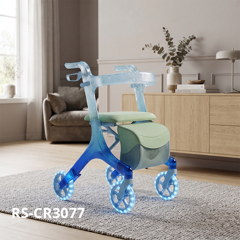 CR3077   New Design Futuristic Carbon Fiber Rollator Walker Transparent Frame Blue Gradient Concept Mobility Aid OEM ODM for Elderly