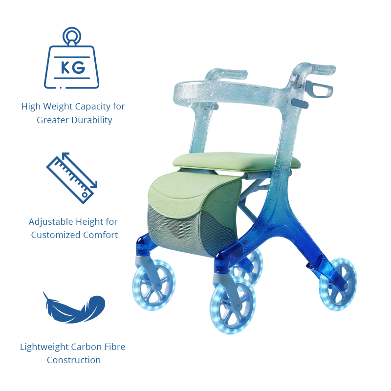 CR3077   New Design Futuristic Carbon Fiber Rollator Walker Transparent Frame Blue Gradient Concept Mobility Aid OEM ODM for Elderly