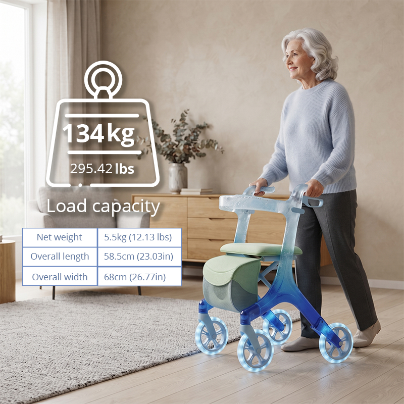 CR3077   New Design Futuristic Carbon Fiber Rollator Walker Transparent Frame Blue Gradient Concept Mobility Aid OEM ODM for Elderly