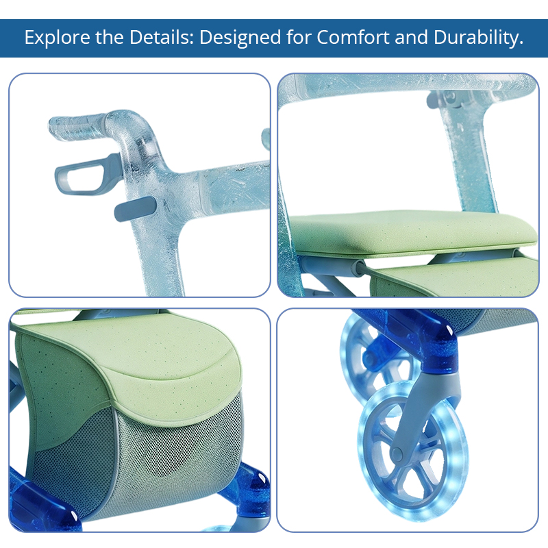 CR3077   New Design Futuristic Carbon Fiber Rollator Walker Transparent Frame Blue Gradient Concept Mobility Aid OEM ODM for Elderly