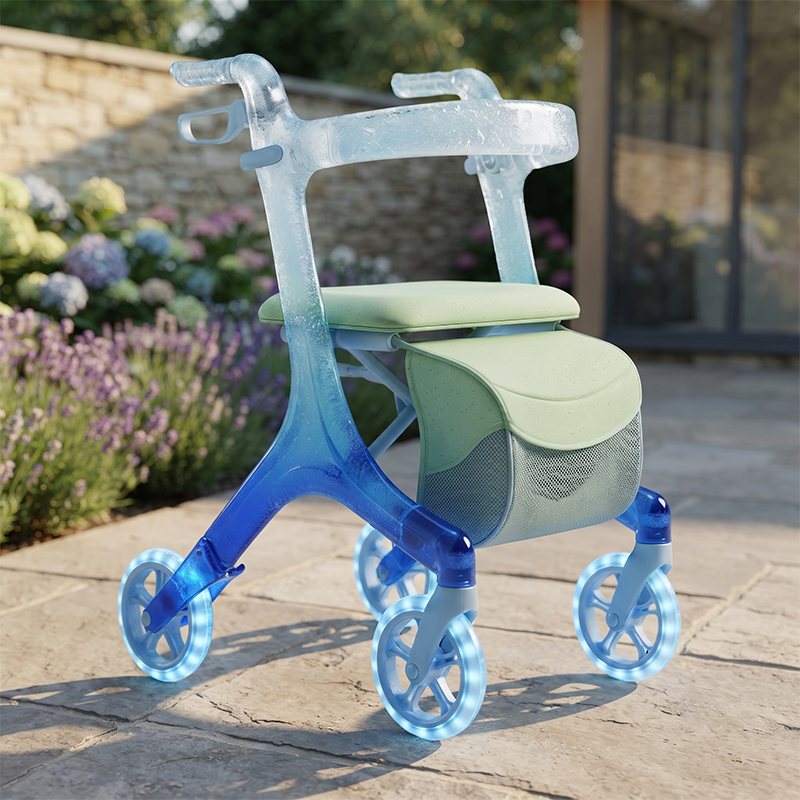 CR3077   New Design Futuristic Carbon Fiber Rollator Walker Transparent Frame Blue Gradient Concept Mobility Aid OEM ODM for Elderly