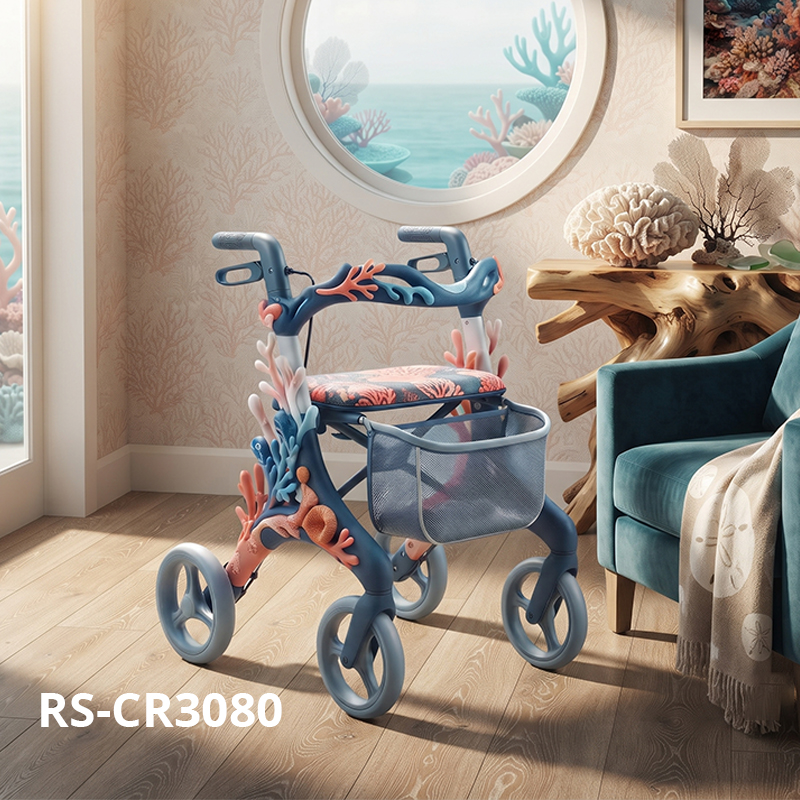 CR3080   New Design Carbon Fibre Rollator Walker for Seniors with Ocean Coral Design Lightweight Folding Mobility Aid OEM ODM Custom