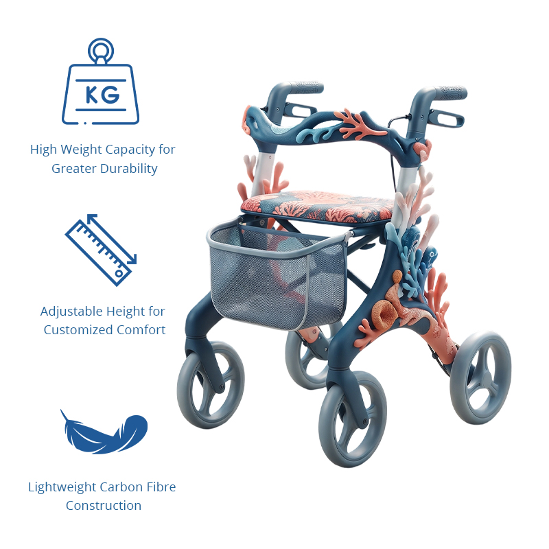 CR3080   New Design Carbon Fibre Rollator Walker for Seniors with Ocean Coral Design Lightweight Folding Mobility Aid OEM ODM Custom