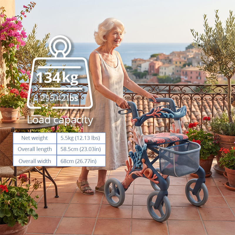 CR3080   New Design Carbon Fibre Rollator Walker for Seniors with Ocean Coral Design Lightweight Folding Mobility Aid OEM ODM Custom