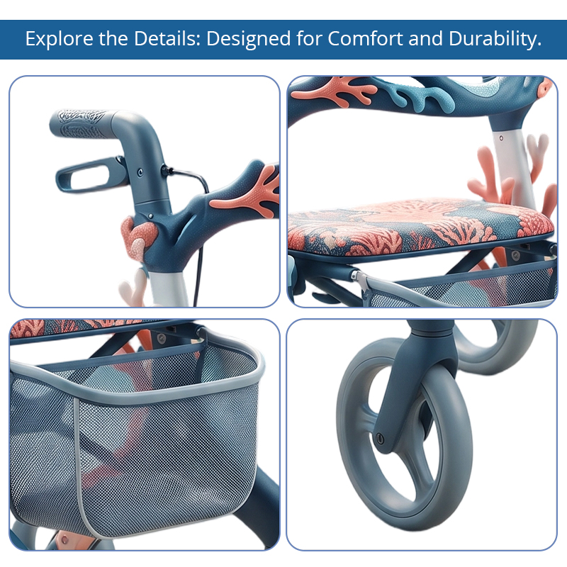 CR3080   New Design Carbon Fibre Rollator Walker for Seniors with Ocean Coral Design Lightweight Folding Mobility Aid OEM ODM Custom