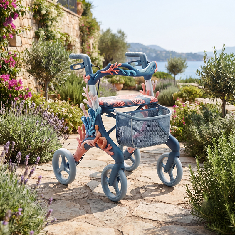 CR3080   New Design Carbon Fibre Rollator Walker for Seniors with Ocean Coral Design Lightweight Folding Mobility Aid OEM ODM Custom