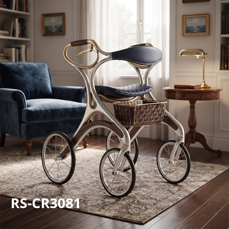 CR3081  New Design Carbon Fibre Walking Aid Rollator Walker with Luxury Leather Seat Unique Basket Design for Elderly Care Market