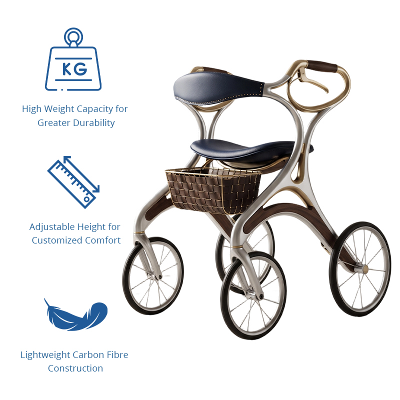 CR3081  New Design Carbon Fibre Walking Aid Rollator Walker with Luxury Leather Seat Unique Basket Design for Elderly Care Market
