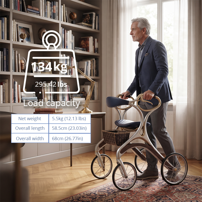 CR3081  New Design Carbon Fibre Walking Aid Rollator Walker with Luxury Leather Seat Unique Basket Design for Elderly Care Market