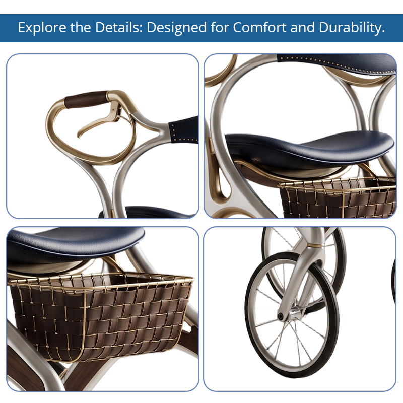 CR3081  New Design Carbon Fibre Walking Aid Rollator Walker with Luxury Leather Seat Unique Basket Design for Elderly Care Market
