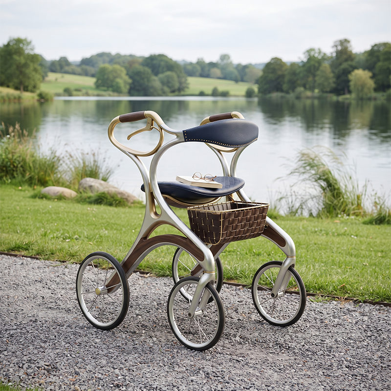 CR3081  New Design Carbon Fibre Walking Aid Rollator Walker with Luxury Leather Seat Unique Basket Design for Elderly Care Market