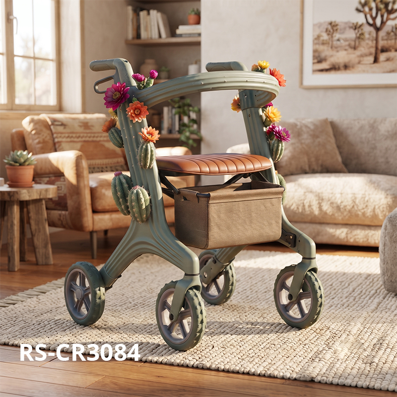 CR3084   New Esign Carbon Fiber Rollator Walker for Elderly with Green Cactus Floral Pattern Frame Premium Mobility Solution Supplier