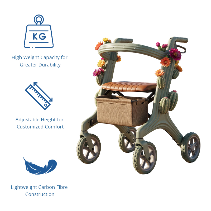 CR3084   New Esign Carbon Fiber Rollator Walker for Elderly with Green Cactus Floral Pattern Frame Premium Mobility Solution Supplier