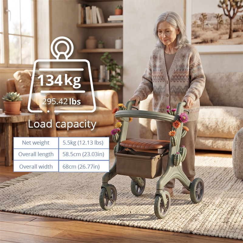 CR3084   New Esign Carbon Fiber Rollator Walker for Elderly with Green Cactus Floral Pattern Frame Premium Mobility Solution Supplier