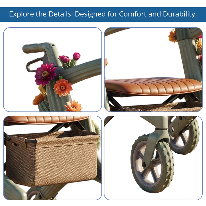 CR3084   New Esign Carbon Fiber Rollator Walker for Elderly with Green Cactus Floral Pattern Frame Premium Mobility Solution Supplier
